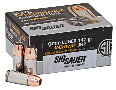 Sig Sauer E9MMA350 Elite Performance  9mmLuger 147gr V-Crown Jacketed Hollow Point 50 Per Box/10 Case