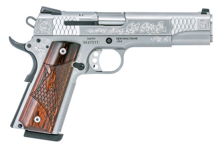 Smith  &  Wesson 10270 1911 E-Series Full Size Frame 45 ACP 8+1, 5" Stainless Steel Barrel, Glass Bead w/Engraving Serrated SS Slide, Matte Silver Engraved SS Frame w/Beavertail, Ambidextrous