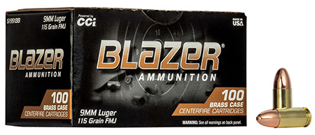 CCI 51991BB Blazer Brass Handgun 9mmLuger 115gr Full Metal Jacket 100 Per Box/5 Case