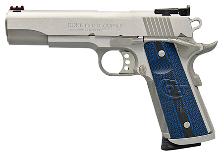 Colt Mfg O5073XE Gold Cup Trophy 38 Super 9+1 5" Stainless National Match Barrel, Stainless Steel Serrated Slide  &  Frame w/Beavertail, Blue Scalloped G10 Grip, Ambidextrous