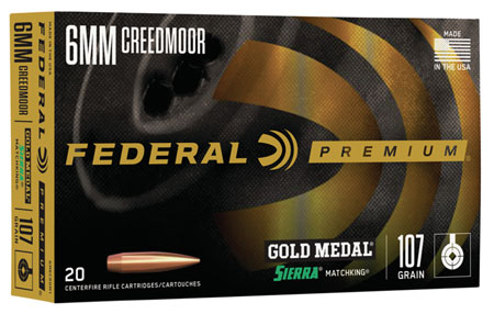 Federal GM6CRDM1 Premium Gold Medal 6mmCreedmoor 107gr Sierra MatchKing BTHP 20 Per Box/10 Case