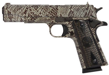 Iver Johnson Arms 1911A1COPPERHEAD 1911 A1 Copperhead 45 ACP 8+1 5" Black Steel Barrel, Tan Snakeskin Hydrographic Serrated Steel Slide  &  Frame w/Beavertail, Black Snakeskin Diamondwood Grip