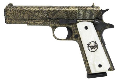 Iver Johnson Arms 1911A1WATERMOCCASIN 1911 A1 Water Moccasin 45 ACP 8+1 5" Black Steel Barrel, Green Snakeskin Hydrographic Serrated Steel Slide  &  Frame w/Beavertail, White Synthetic Pearl Grip