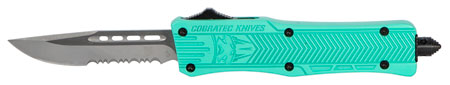 CobraTec Knives STFCTK1SDS CTK-1  Small 2.75" OTF Drop Point Part Serrated D2 Steel Blade/ Tiffany Blue Aluminum Handle Features Glass Breaker Includes Pocket Clip