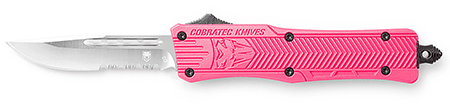 CobraTec Knives SPKCTK1SDS CTK-1  Small 2.75" OTF Drop Point Part Serrated D2 Steel Blade/ Pink Aluminum Handle Features Glass Breaker Includes Pocket Clip