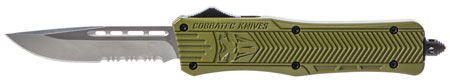 CobraTec Knives MODCTK1MDS CTK-1  Medium 3" OTF Drop Point Part Serrated D2 Steel Blade/OD Green Aluminum Handle Features Glass Breaker Includes Pocket Clip