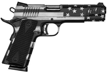 Citadel CITC45FSPUSG M1911 Flag 45 ACP 8+1, 5" Stainless Steel Barrel, American Flag Gray Cerakote Serrated Steel Slide, Frame w/Beavertail, Features Matching Ammo Can, Ambidextrous