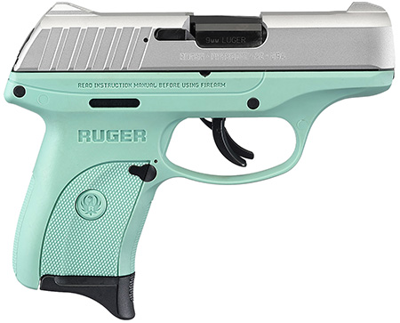 Ruger 13200 EC9s  Compact Frame 9mm Luger 7+1, 3.12" Black Steel Barrel, Aluminum Cerakote Serrated Steel Slide, Turquoise Polymer Frame, Turquoise Grip, Manual/Trigger Safety, Right Hand