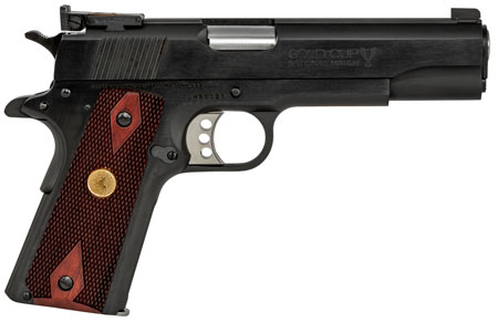 Colt Mfg O5873A1 1911 Gold Cup 38 Super Caliber with 5" National Match Barrel, 9+1 Capacity, Overall Blued Finish Steel, Serrated Slide  &  Double Diamond Checkered Rosewood Grip