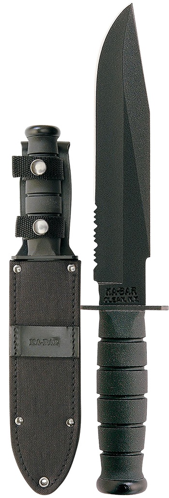 Ka-Bar 1271 Fighter  8" Fixed Clip Point Part Serrated Black 1095 Cro-Van Blade, Black Kraton G Handle, Includes Sheath