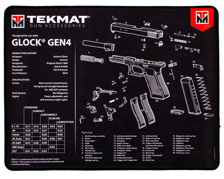 TekMat TEKR20GLOCKG4 Glock Gen4 Ultra 20 Cleaning Mat Black/White Rubber 15"x20" Glock Gen4 Parts Diagram
