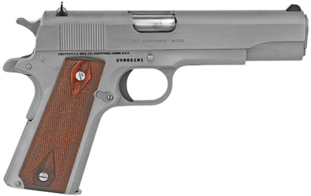 Colt Mfg O1911CSS38 1911 Government 38 Super 9+1 5" Stainless National Match Barrel, Serrated Stainless Steel Slide  &  Frame w/Beavertail, Diamond Checkered Rosewood