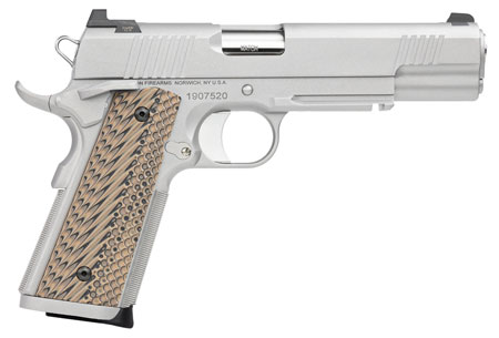Dan Wesson 01815 Specialist  10mm Auto Caliber with 5" Barrel, 8+1 Capacity, Overall Stainless Steel Finish, Picatinny Rail  &  Beavertail Frame, Serrated Bead Blasted Slide  &  Black/Brown G10 Grip