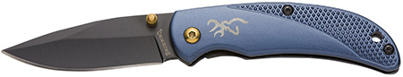 Browning 3220341 Prism 3  EDC Folding 2.38" Plain Black Oxide 7Cr17MoV SS Blade, Navy w/Brass Accents  &  Logo Anodized Aluminum Handle, Includes Pocket Clip