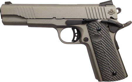 Rock Island 56419 Rock Standard FS *CA Compliant 45 ACP Caliber with 5" Barrel, 8+1 Capacity, Overall Gun Metal Gray Cerakote Finish Steel, Beavertail Frame, Serrated Slide  &  Black G10 Grip