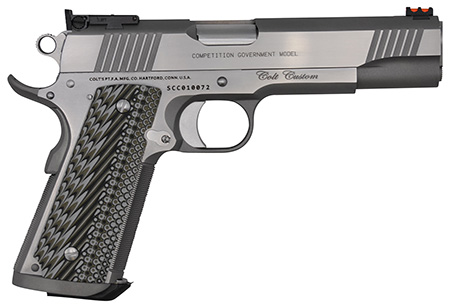 Colt Mfg O1073CS Custom Competition 38 Super 9+1 5" Stainless National Match Barrel, Brushed Stainless Steel Serrated Slide  &  Frame w/Beavertail, Black G10 Grip, Ambidextrous