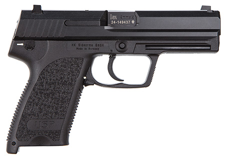 HK 81000307 USP V1 SA/DA 9mm Luger Caliber with 4.25" Barrel, 15+1 Capacity, Overall Black Finish, Serrated Trigger Guard Frame, Serrated Steel Slide  &  Polymer Grip Includes 2 Mags