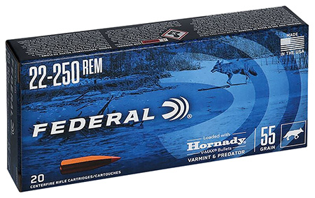 Federal V22250VM2 Varmint  &  Predator  22-250Rem 55gr Hornady V-Max 20 Per Box/10 Case