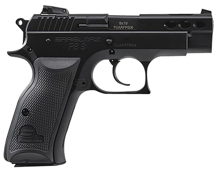 SAR USA P8SBL P8S  Compact 9mm Luger 17+1 3.80" Black Ported Steel Barrel, Black Steel Ported/Serrated Slide, Black Oxide Steel Frame w/Beavertail, Black Polymer Grip, Right Hand