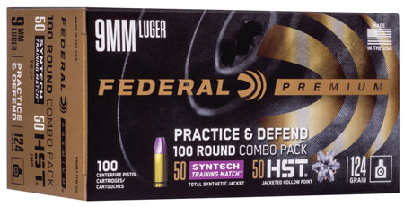 Federal P9HST1TM100 Premium Practice  &  Defend 9mmLuger 124gr HST JHP/Syntech TSJ 100 Per Box/5 Case