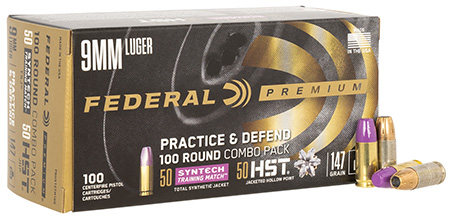 Federal P9HST2TM100 Premium Practice  &  Defend 9mmLuger 147gr HST JHP/Syntech TSJ 100 Per Box/5 Case