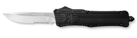 CobraTec Knives LBCTK1LDS CTK-1  Large 3.75" OTF Drop Point Part Serrated D2 Steel Blade/ Black Aluminum Handle Features Glass Breaker Includes Pocket Clip