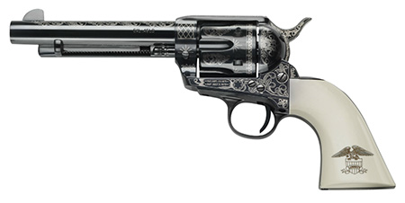 Pietta GW45LLE434NMUI 1873 GW2 Liberty 45 Colt (LC) 6 Shot, 4.75" Blued Engraved Steel Barrel, Cylinder, Frame  &  Hammer, Ultra Ivory Grip w/Engraved Liberty Eagle