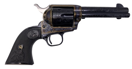 Colt Mfg P1840Z Single Action Army  45 Colt (LC) 6 Shot 4.75" Blued Engraved Steel Barrel  &  Cylinder,  Color Case Hardened Engraved Steel Frame, Black Polymer Grip