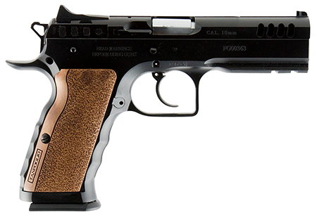Tanfoglio IFG TFSTOCKI10 Defiant Stock I 10mm Auto Caliber with 4.50" Barrel, 13+1 Capacity, Overall Black Finish Steel, Picatinny Rail/Beavertail Frame, Serrated Slide  &  Wood Grip