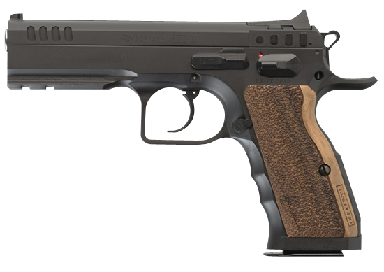 Tanfoglio IFG TFSTOCKI9SF Defiant Stock I 9mm Luger Caliber with 4.50" Barrel, 16+1 Capacity, Overall Black Finish Steel, Picatinny Rail/Beavertail Short Frame, Serrated Slide  &  Wood Grip
