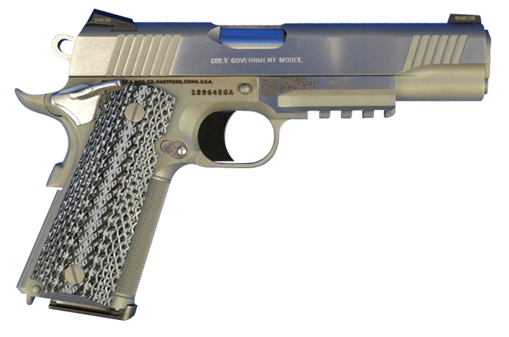 Colt Mfg O1070RGZ 1911 Government 45 ACP 7+1, 5" Stainless National Match Barrel, Serrated Slide  &   Frame w/Picatinny Rail, Double Diamond Checkered Wood Grip