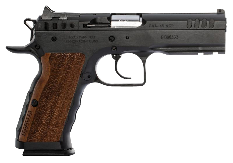 Tanfoglio IFG TFSTOCKI45 Defiant Stock I 45 ACP Caliber with 4.50" Barrel, 10+1 Capacity, Overall Black Finish Steel, Picatinny Rail/Beavertail Frame, Serrated Slide  &  Wood Grip