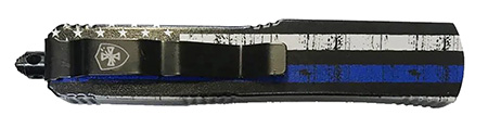 Templar Knife MBTB331 Gen II Back The Blue Slim 3.43" OTF Drop Point Plain Black Oxide Stonewashed 440C SS Blade, 5.05" Black  &  White w/Blue Line Aluminum Handle, Glass Breaker