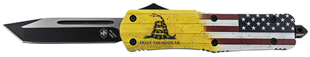 Templar Knife LDTOM231 Gen II Don't Tread On Me Large 3.50" OTF Tanto Plain Black Oxide Stonewashed 440C SS Blade, 5.25" Yellow w/Flag  &  "Don't Tread On Me" Aluminum Handle, Glass Breaker