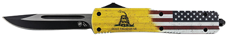 Templar Knife MDTOM331 Gen II Don't Tread On Me Slim 3.50" OTF Drop Point Plain Black Oxide Stonewashed 440C SS Blade, 5.05" Yellow w/Flag  &  "Don't Tread On Me" Aluminum Handle, Glass Breaker