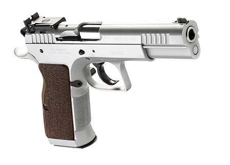 Tanfoglio IFG TF-LIMPRO-38 Defiant Limited Pro 38 Super Caliber with 4.80" Barrel, 17+1 Capacity, Overall Hard Chrome Finish Steel, Beavertail Frame, Serrated Slide  &  Brown Polymer Grip