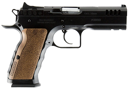 Tanfoglio IFG TFSTOCKI40SF Defiant Stock I 40 S&W Caliber with 4.50" Barrel, 12+1 Capacity, Overall Black Finish Steel, Picatinny Rail/Beavertail Short Frame, Serrated Slide  &  Wood Grip