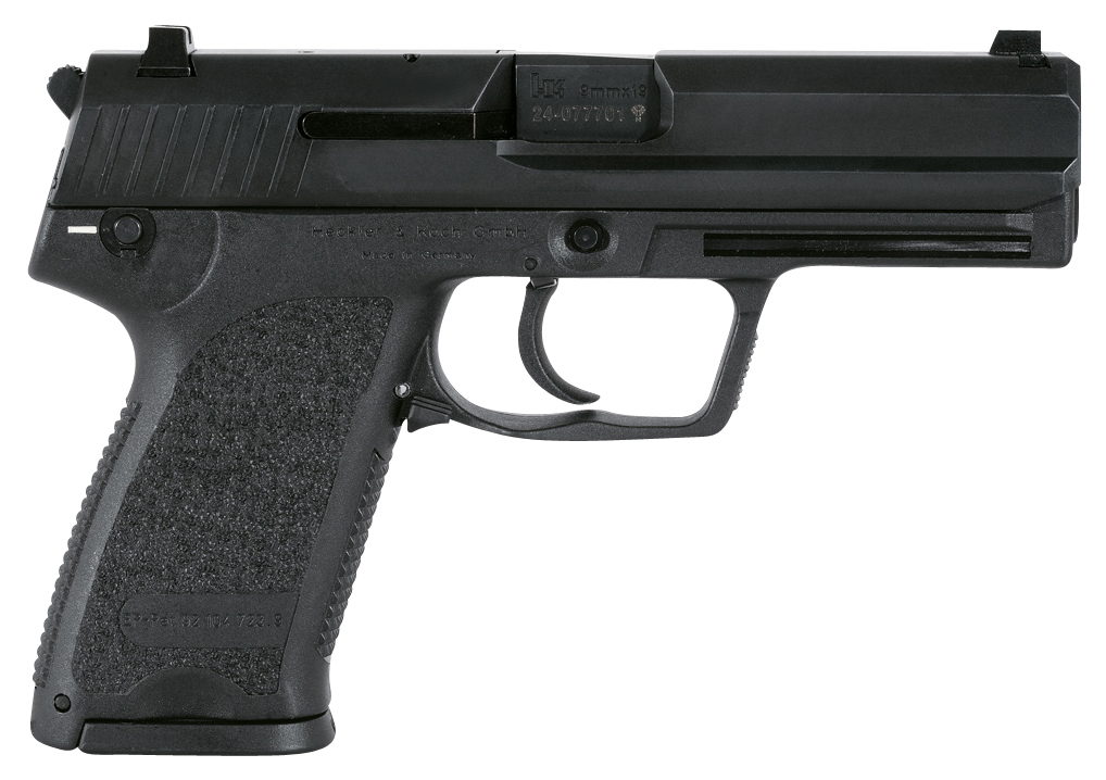 HK 81000316 USP V1 SA/DA 40 S&W Caliber with 4.25" Barrel, 10+1 Capacity, Overall Black Finish, Serrated Trigger Guard Frame, Serrated Steel Slide  &  Polymer Grip Includes 2 Mags