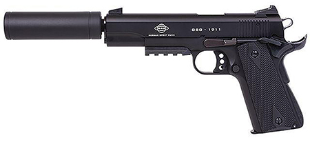 GSG G1911ADOPS 1911 ADOP 22 LR 10+1 5" All Black Steel/Threaded Barrel, Serrated Slide, Zinc Alloy w/Picatinny Rail  &  Beavertail Frame Black Polymer Grip, Faux Suppressor