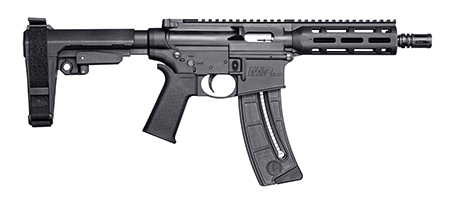 Smith  &  Wesson 13321 M & P15  Pistol 22 LR 8" Black Carbon Steel Barrel 25+1, Black SB Tactical SBA3 Adjustable Arm Brace Stock, Black Magpul MOE Grip, Manual Safety, Optics Ready