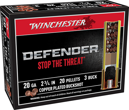 Winchester Ammo SB203PD Defender  20Gauge 2.75" 20Pellets Copper Plated 3Buck Shot 10 Per Box/10 Case