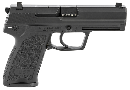 HK 81000309 USP V1 SA/DA 9mm Luger Caliber with 4.25" Barrel, 10+1 Capacity, Overall Black Finish, Serrated Trigger Guard Frame, Serrated Steel Slide  &  Polymer Grip Includes 2 Mags
