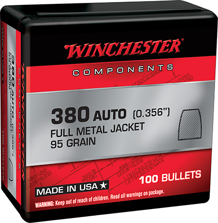 Winchester Ammo WB380MC95X Centerfire Handgun Reloading 380ACP 95gr Full Metal Jacket 100 Per Box/10 Case