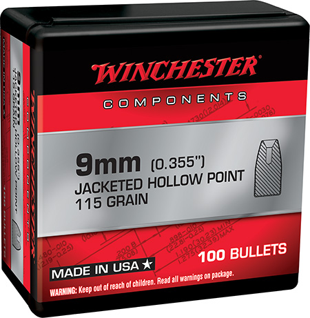 Winchester Ammo WB9JHP115X Centerfire Handgun Reloading 9mm 115gr Jacketed Hollow Point 100 Per Box/10 Case