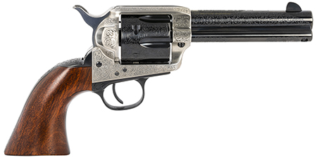 Taylors  &  Company 550924 1873 Cattleman 357 Mag Caliber with 4.75" Blued Floral Engraved Finish Barrel, 6rd Capacity Blued Finish Cylinder, Coin Photo Engraved Finish Steel Frame  &  Walnut Grip