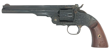 Taylors  &  Company 550652 Top Break Schofield 44-40 Win Caliber with 7" Barrel, 6rd Capacity Cylinder, Overall Blued Engraved Finish Steel  &  Walnut Grip