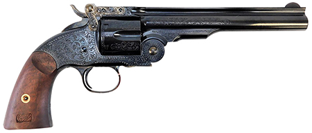 Taylors  &  Company 550644 Top Break Schofield 45 Colt (LC) 6rd 7" Blued Engraved Steel Walnut Grip