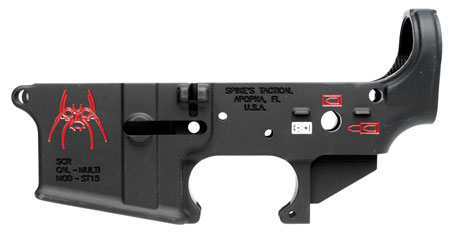 Spikes STLS019CFA Spider Stripped Lower Receiver Multi-Caliber 7075-T6 Aluminum Black Anodized with Color Fill for AR-15