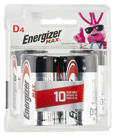 Energizer E95BP4 MAX D Batteries  Black  &  Silver Alkaline 1.5 Volt, Qty (4) Single Pack