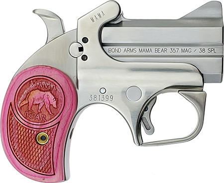 Bond Arms BAMB Mama Bear  357 Mag/38 Special 2rd 2.50" Stainless Steel Double Barrel  &  Frame, Auto Extractors  &  Rebounding Hammer, Blade Front/Fixed Rear Sights, Pink Wood Grip, Manual Safety